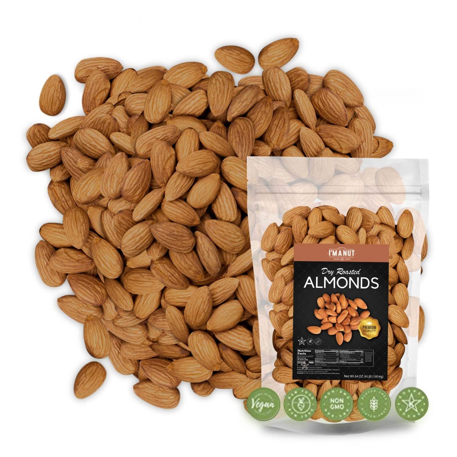 Dry Roasted Almonds Unsalted 64 oz (4 lbs) Batch Tested Gluten & Peanut Free No Oil Whole No PPO Non-GMO No Herbicide Healthy Protein