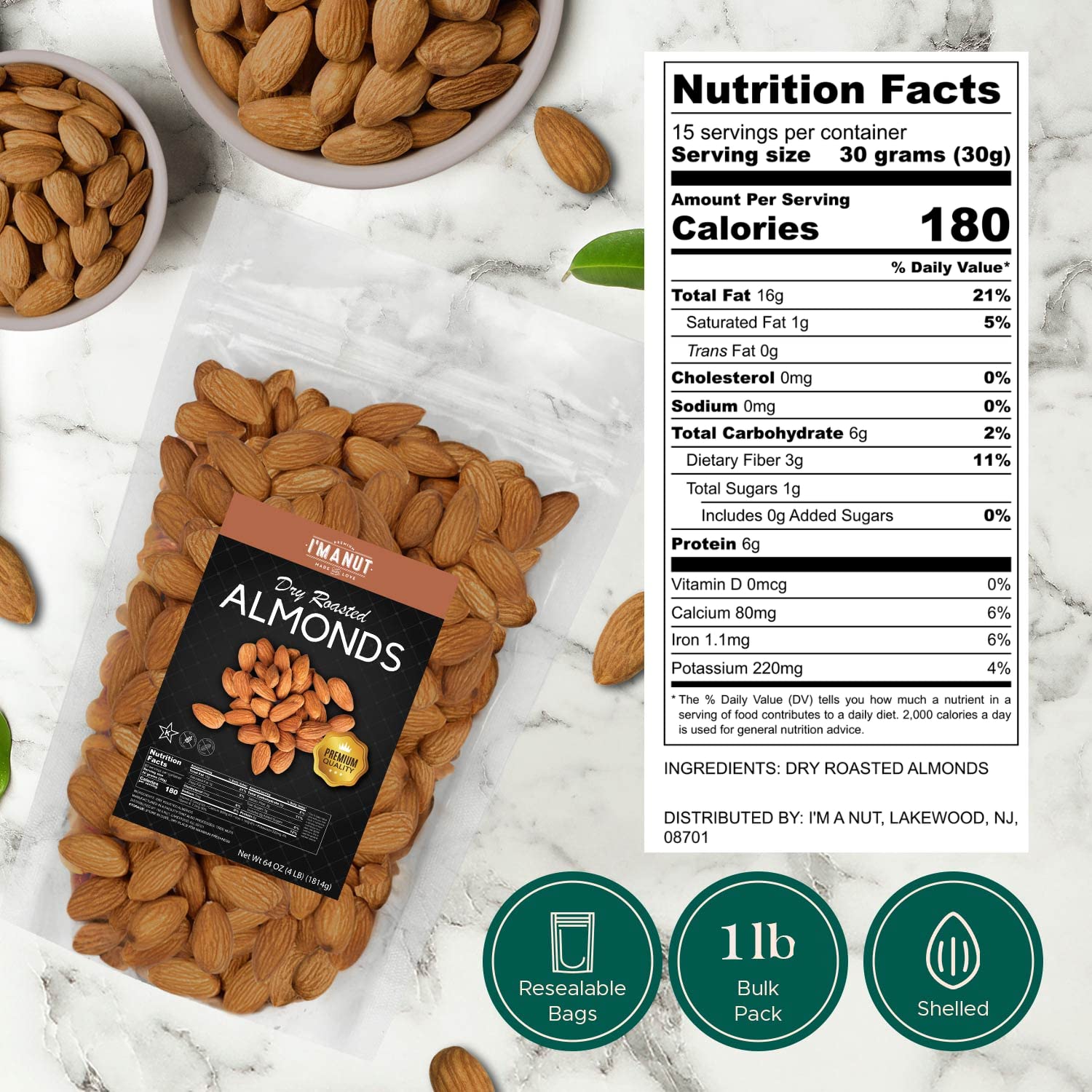 Dry Roasted Almonds Unsalted 64 oz (4 lbs) Batch Tested Gluten & Peanut Free No Oil Whole No PPO Non-GMO No Herbicide Healthy Protein