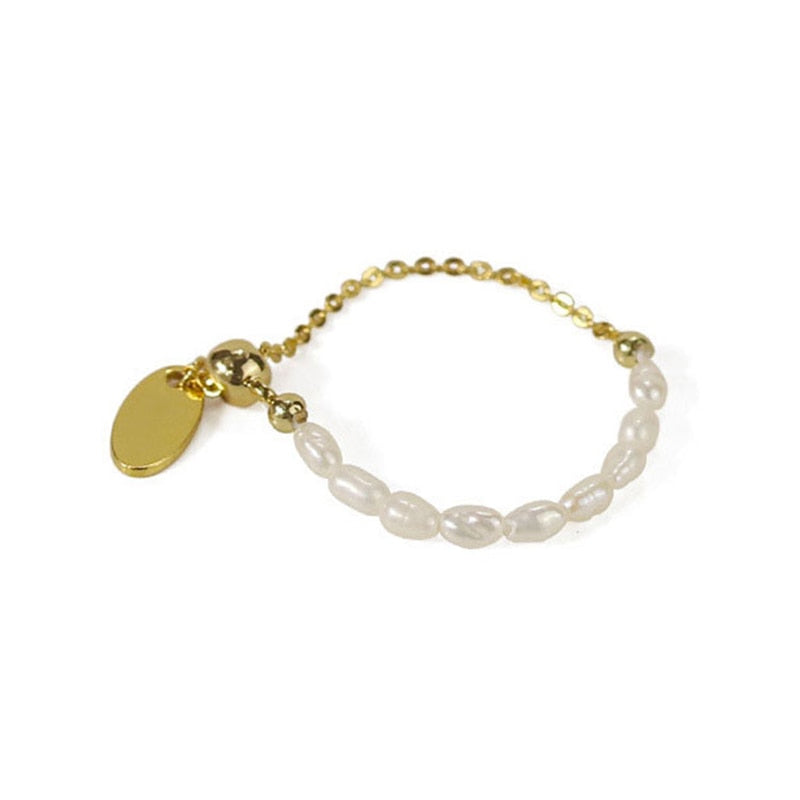 French Simple Retro Pearl Chain Pull Adjustment Gold Color Rings Girl's New Elegant Accessories Fashion Finger Jewelry For Woman
