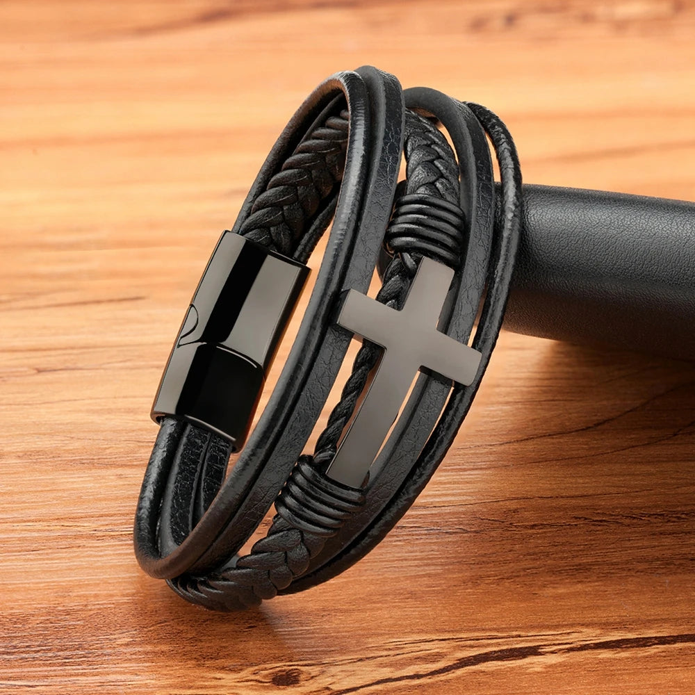 Men’s Classic Cross Leather Bracelet - Jeglowstore