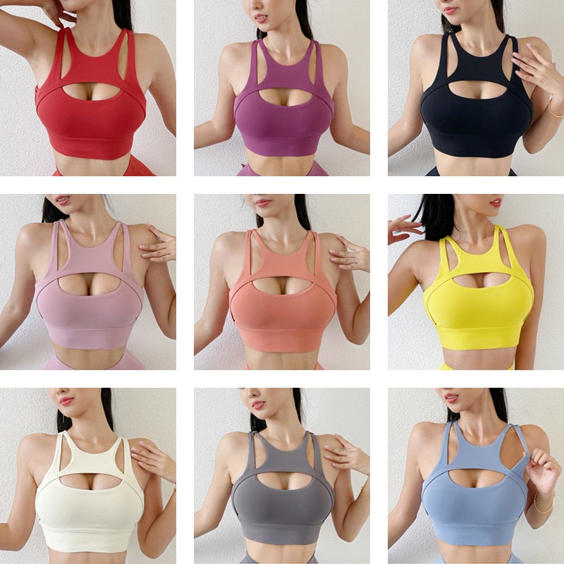 SOISOU New Sexy Women's Sports Bra Top Women Tight Elastic Gym Sport Yoga Bras Bralette Crop Top Chest Pad Removable 13 Colors