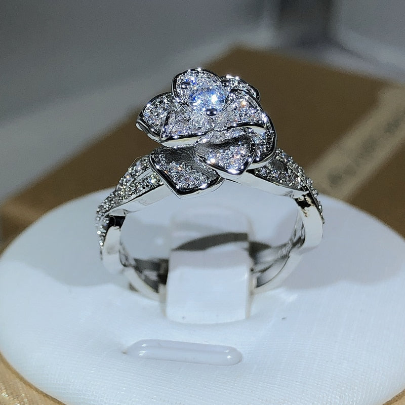 925 Sterling Silver InterTwined Three-Dimensional Rose Ring White Zircon Full Diamond Ring Ladies Temperament Elegant Jewelry - Jeglowstore