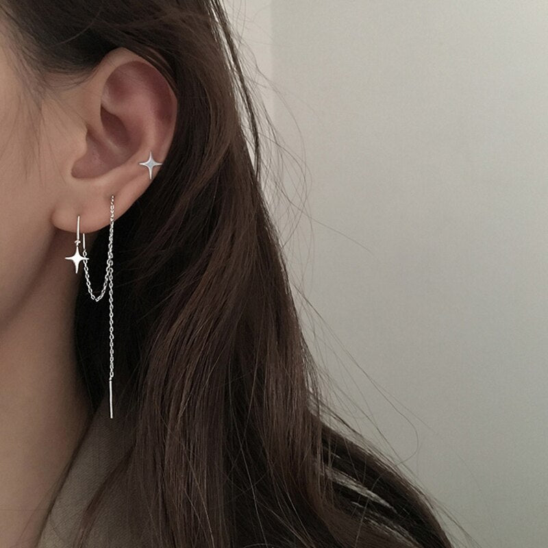 Simple Shine Star Cross Stud Earring Long Chain Tassel Earrings For Women Geometric Piercing Ear Jewelry Party Girl Gift