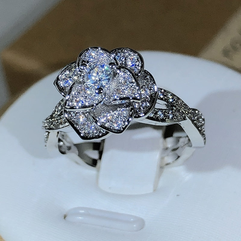 925 Sterling Silver InterTwined Three-Dimensional Rose Ring White Zircon Full Diamond Ring Ladies Temperament Elegant Jewelry - Jeglowstore