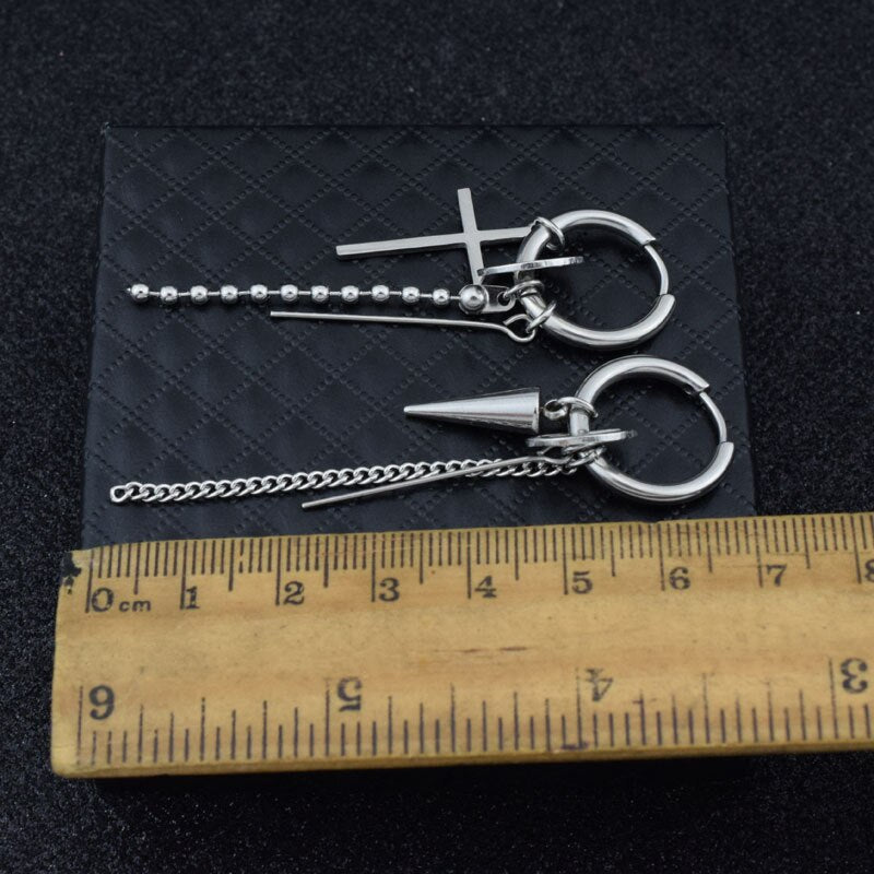 Punk Earring Mens Single Spike Stainless Steel Cross Stud Earring Guys Jewelry Rock Hip Hop Grunge Punk Dagger Ear Clip Unisex
