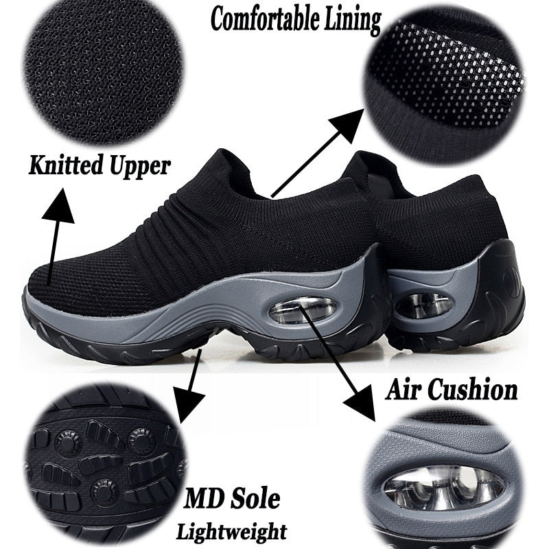 Women Walking Shoes Running Mesh Shoes Fashion Platform Slip-On Sneaker Air Cushion Gym Modern Dance Shoes Men