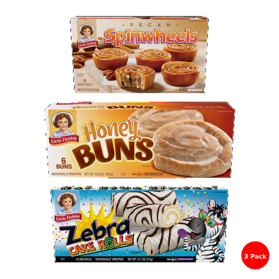 Little Debbie Snack Cake Combo (3 Pack) – Honey Buns - 6 Buns, Pecan Spinwheels - 8 Sweet Rolls , Zebra Cake Rolls - 6 Cake Rolls (All Individually Wrapped)