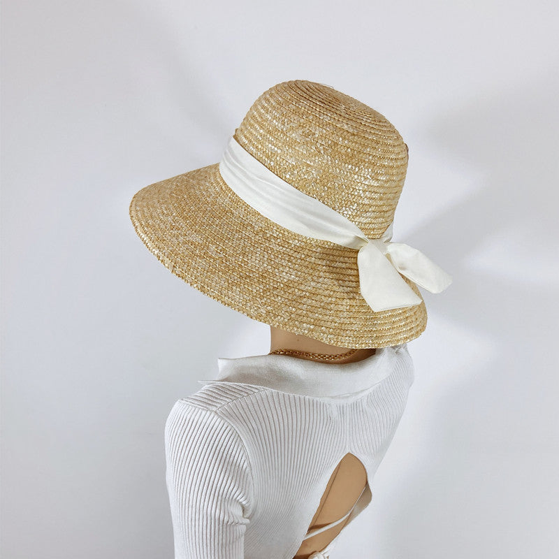 Hepburn Retro Style Dome Wheat-Straw Hat Big Brim Straw Woven Bucket Hat Women's Summer Outdoor Sun Protection Sunshade Hat - Jeglowstore