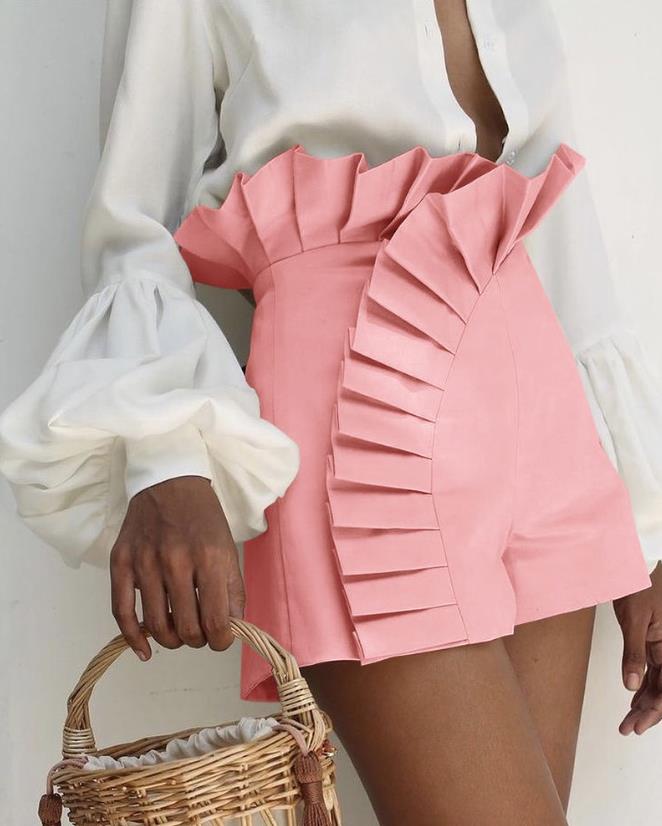 2023 New Fashion Women's Bottom Ruffle Hem Ruched High Waist Shorts Elegant Summer Casual Female Clothing Outfits