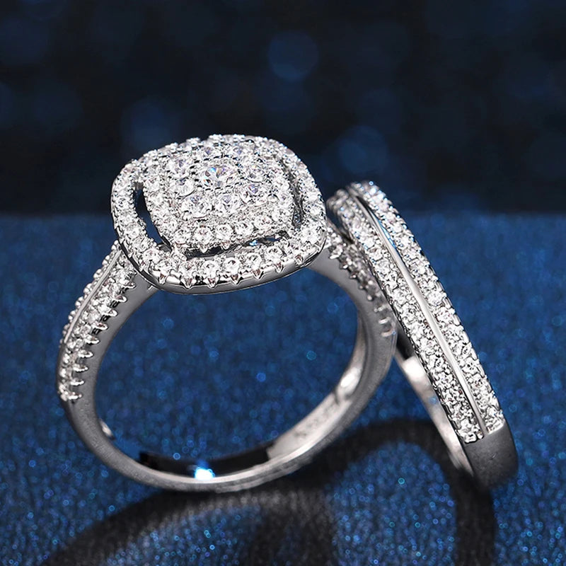 Huitan Fashion Cushion Shaped Cubic Zirconia 2Pcs Set Rings for Women Elegant Wedding Bridal Rings Bling Hot Jewelry Wholesale - Jeglowstore
