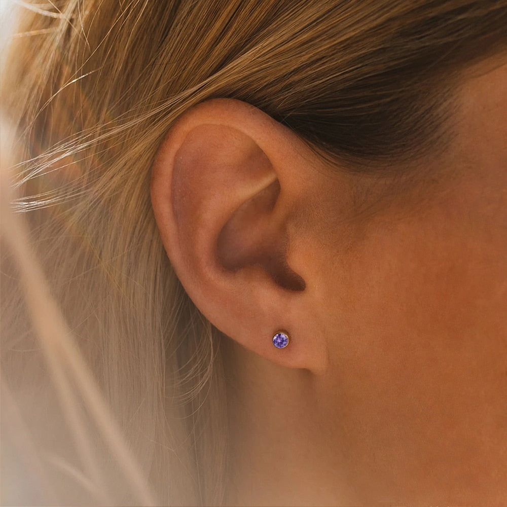 SUNIBI Stainless Steel Earrings for Women Birthstone Piercing Gun Gold Color Ear Stud Push-Back Piercing Gifts Jewelry Wholesale