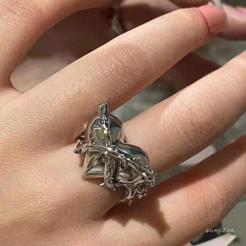 Kpop Crystal Love Heart Open Ring For Women Wedding Luxury Vintage Jewelry Y2K Accessories