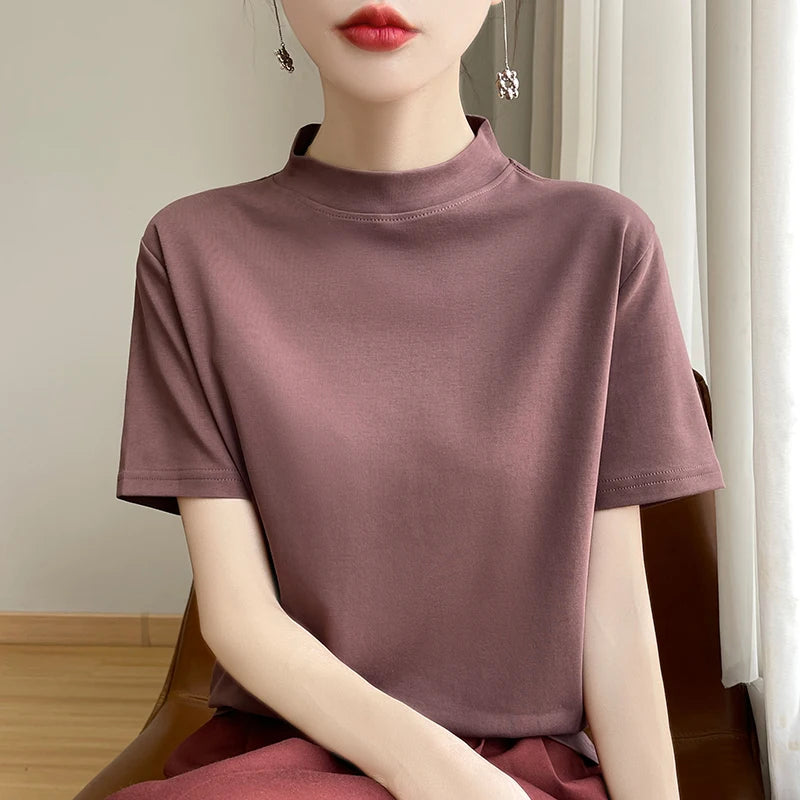 Women’s Semi-High Neck Cotton T-Shirt - Jeglowstore