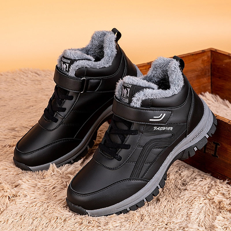 Women Men Boots Winter Snow Boots Outdoor Non-slip Sneakers Plush Leather Waterproof Boots Man High Quality Lace-up Hiking Shoes