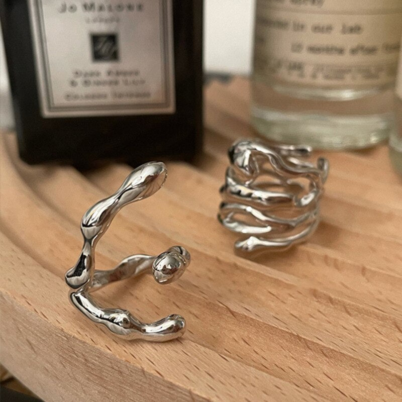 2023 New Arrival Irregular Hollow Silver Color Wide Ring Female Fashion Retro Unique Design Handmade Jewelry Gifts