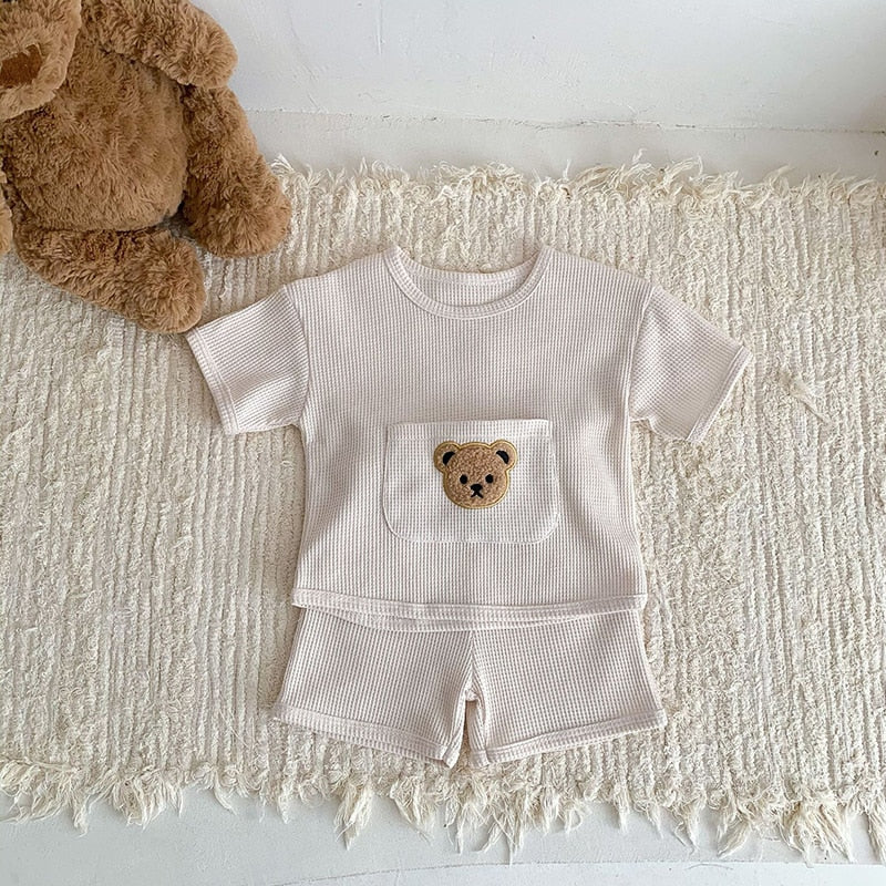 MILANCEL 2023 Summer Baby Clothing Set Waffle Bear Tee and Shorts 2 Pcs Suits Baby Girls Clothes Set