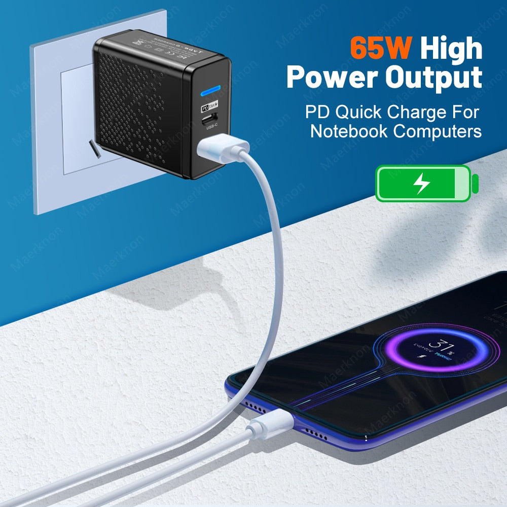 GaN 65W USB C Charger PD Type C Fast Charging Wall Adapter For iPhone 14 13 Xiaomi Samsung Macbook Quick Charge3.0 Phone Charger
