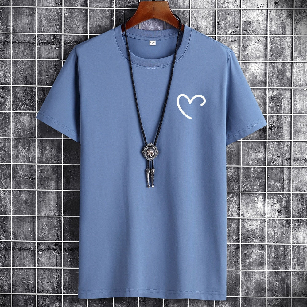 JFUNCY Oversize Summer Men's Cotton Tee Shirts Men Casual T-shirt Simple Love Heart Print Tshirt O-Neck Short Sleeve Man Tops
