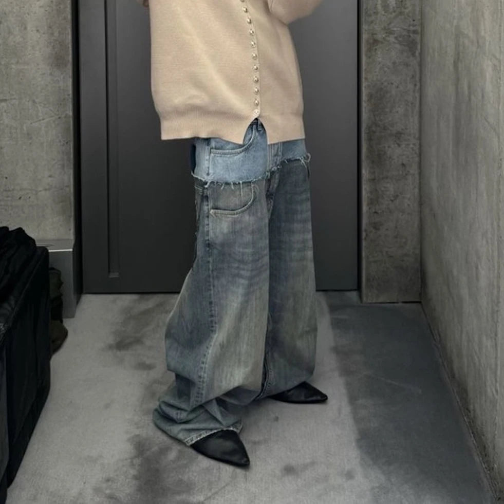 Double Waist Patchwork Baggy Jeans - Jeglowstore