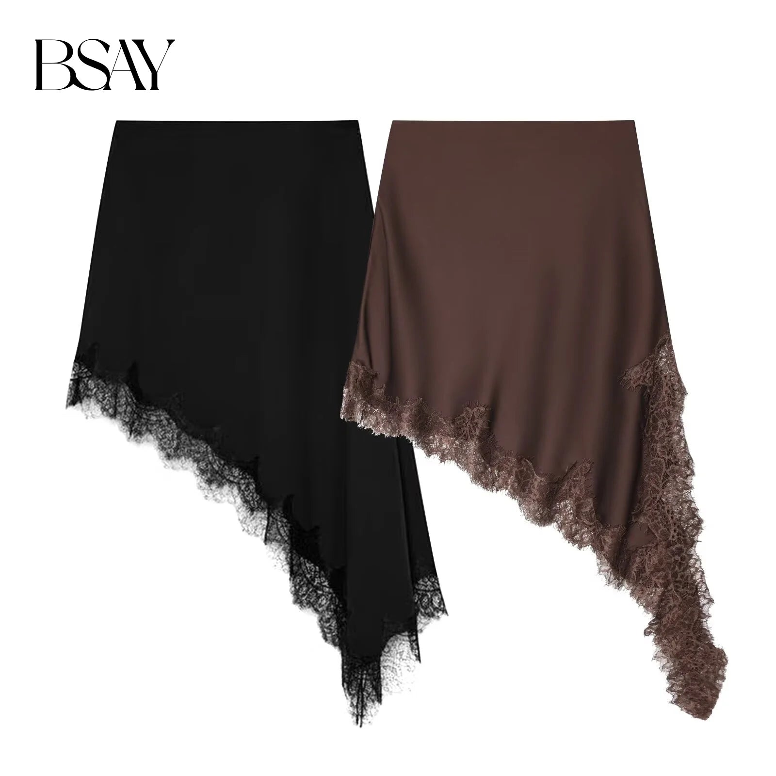 BSAY Asymmetric Lace Satin High Waist Skirt - Jeglowstore