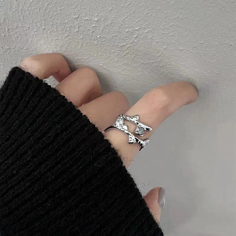 Kpop Crystal Love Heart Open Ring For Women Wedding Luxury Vintage Jewelry Y2K Accessories
