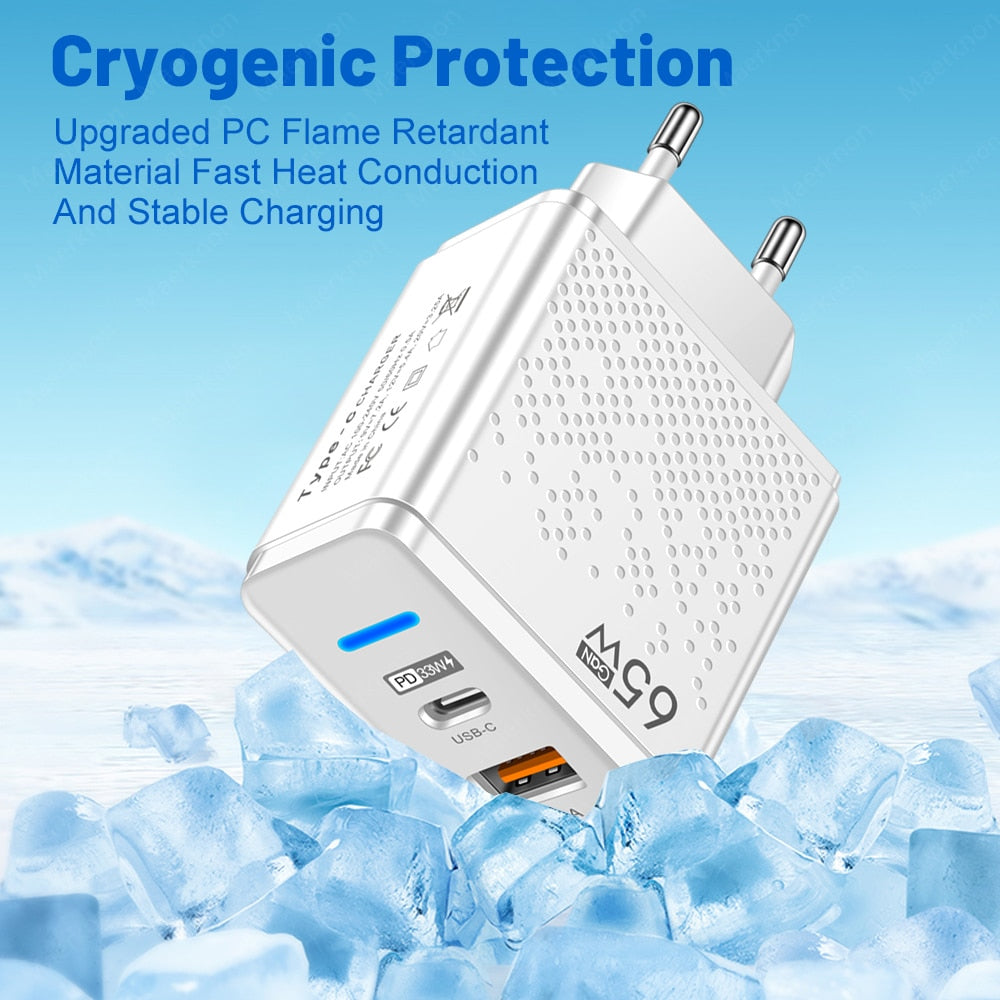 GaN 65W USB C Charger PD Type C Fast Charging Wall Adapter For iPhone 14 13 Xiaomi Samsung Macbook Quick Charge3.0 Phone Charger