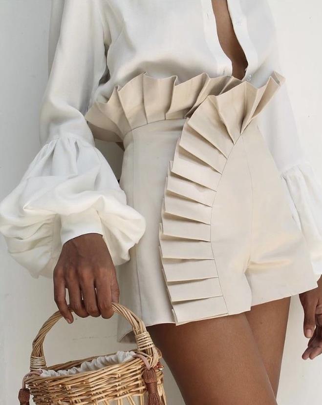 2023 New Fashion Women's Bottom Ruffle Hem Ruched High Waist Shorts Elegant Summer Casual Female Clothing Outfits