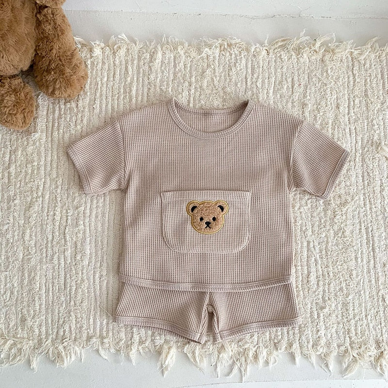 MILANCEL 2023 Summer Baby Clothing Set Waffle Bear Tee and Shorts 2 Pcs Suits Baby Girls Clothes Set