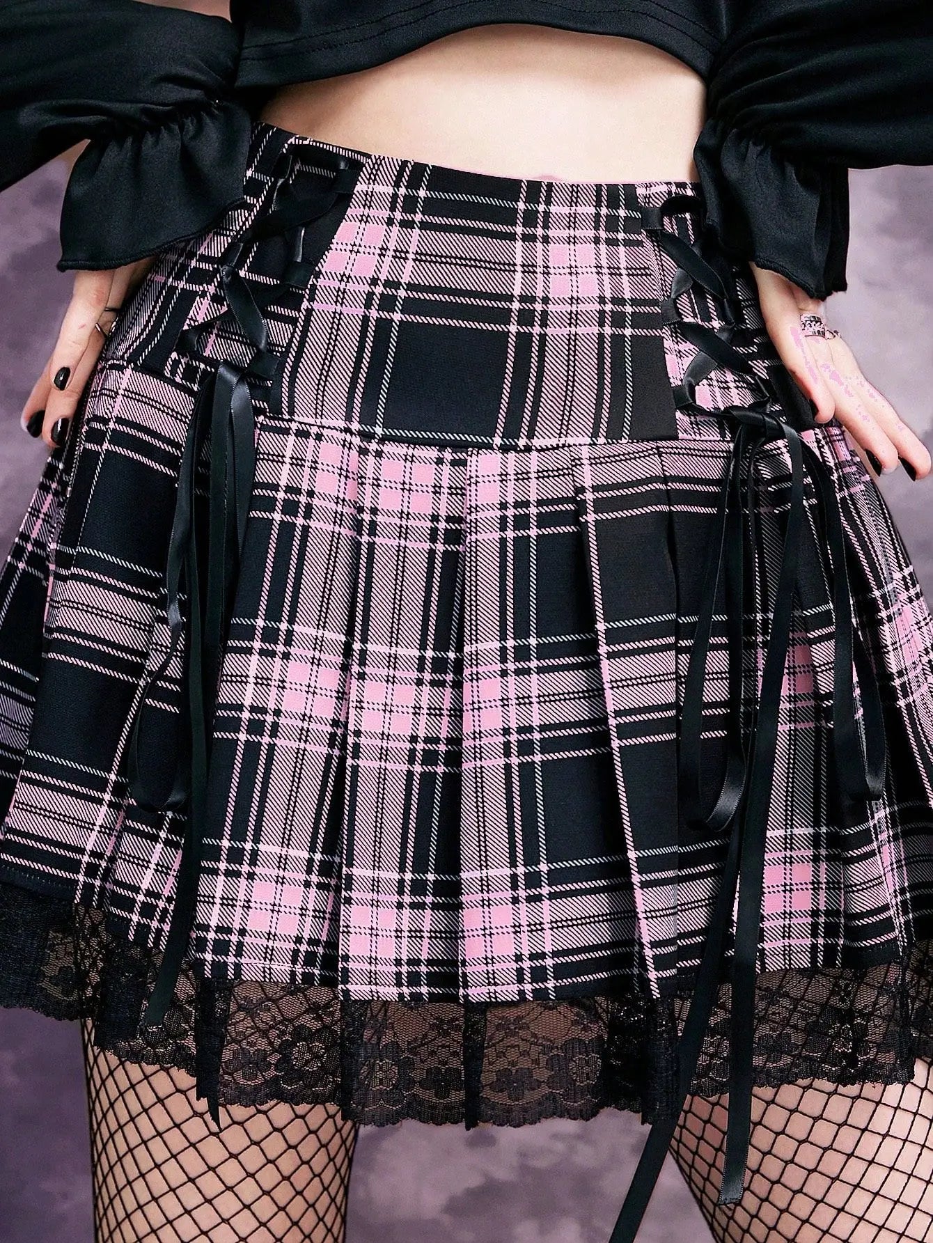 High Waist Plaid Lace-Up Mini Skirt with Mesh Hem - Jeglowstore