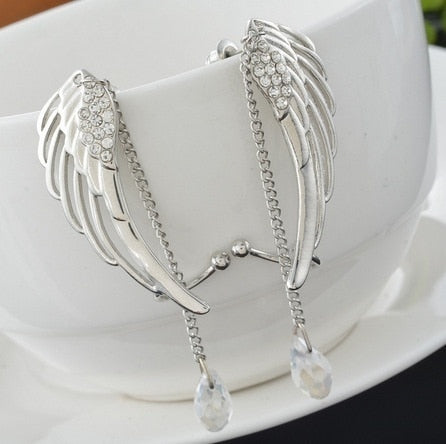Delysia King Women Angel Wings Feather Earrings Ear Stud Trendy Crystal Tassel Jewelry