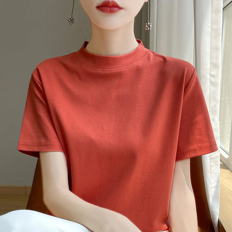 Women’s Semi-High Neck Cotton T-Shirt - Jeglowstore