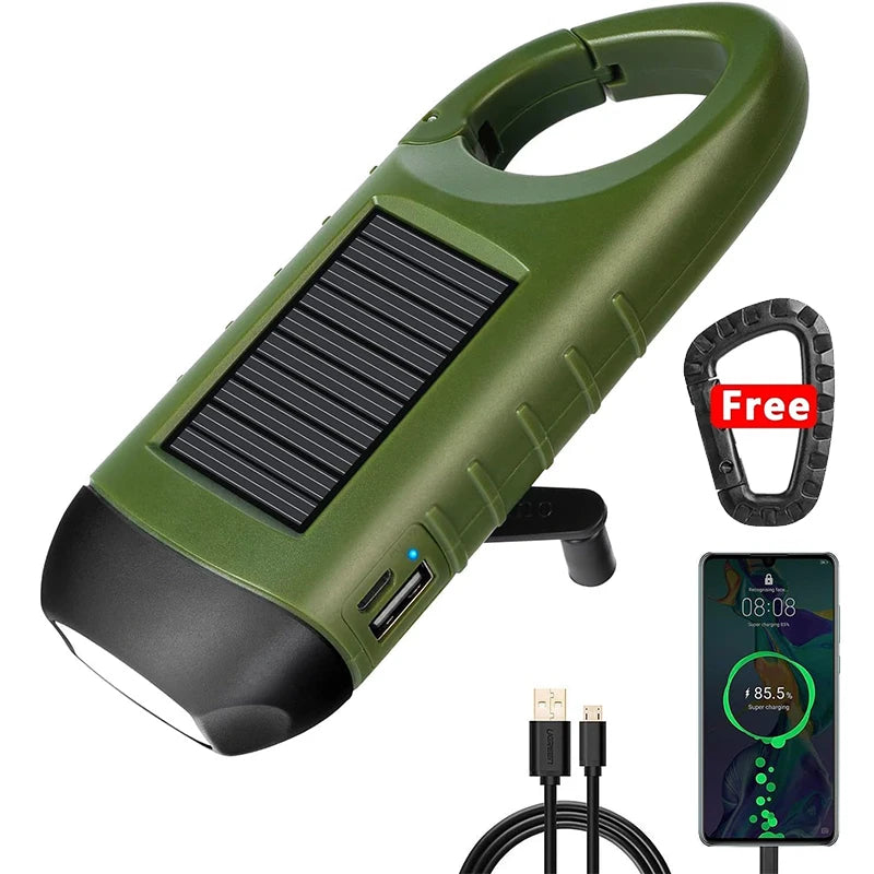 Solar Led Flashlights Portable Hand Cranked Dynamo Torch for Outdoor Riding Camping Power Hiking Long-range Emergency Lantern
