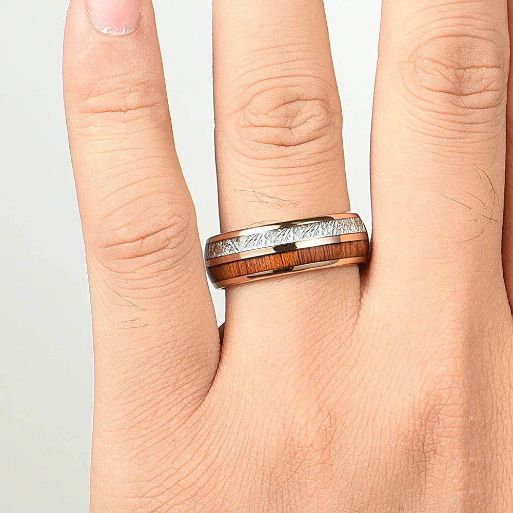 Men’s 8MM Koa Wood & Meteorite Stainless Steel Ring