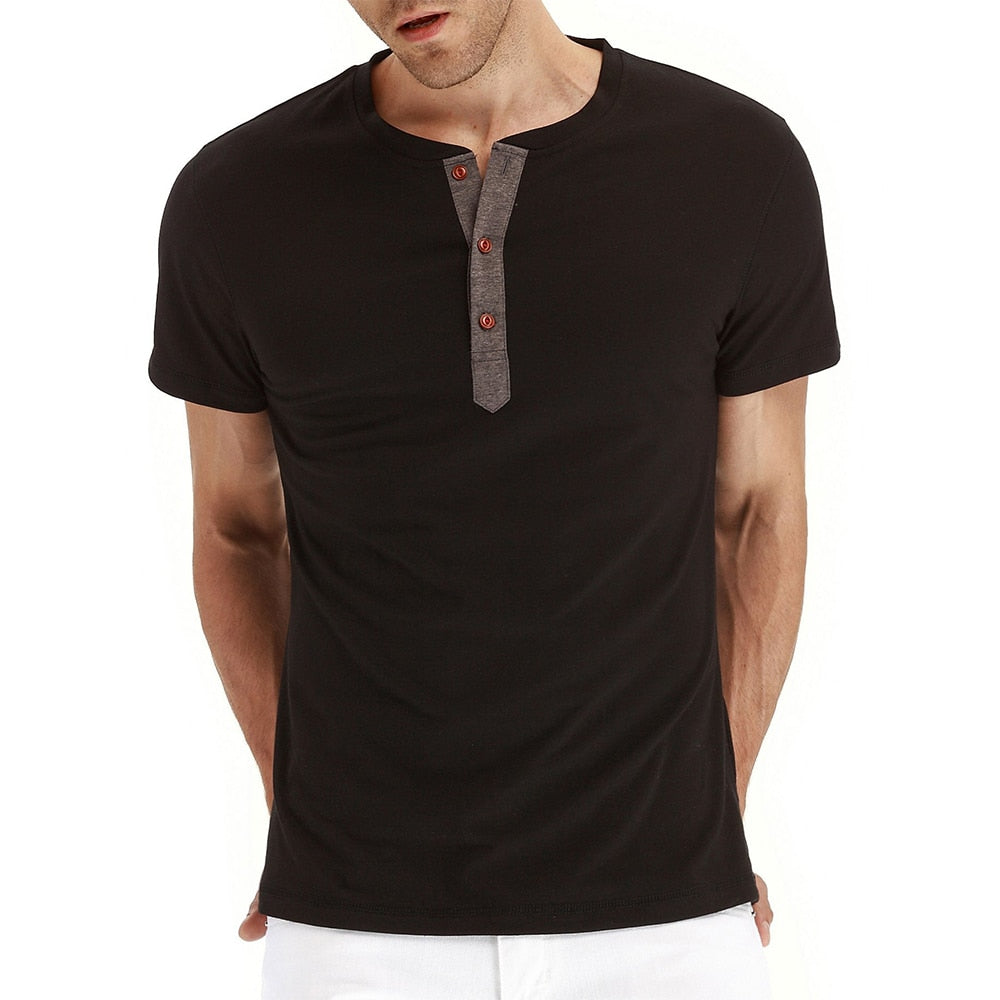 Brand Quality Cotton Men T-shirt Henry Neck Fashion Design Slim Fit Solid T-shirts Male Tops Tees Short Sleeve T Shirt For Men