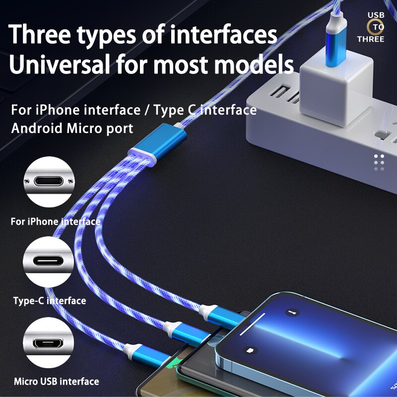 3 in 1 3A Fast Charging Glowing LED Light Micro USB Type C Cable For iPhone Samsung Xiaomi Redmi Phone Charger USB Cable
