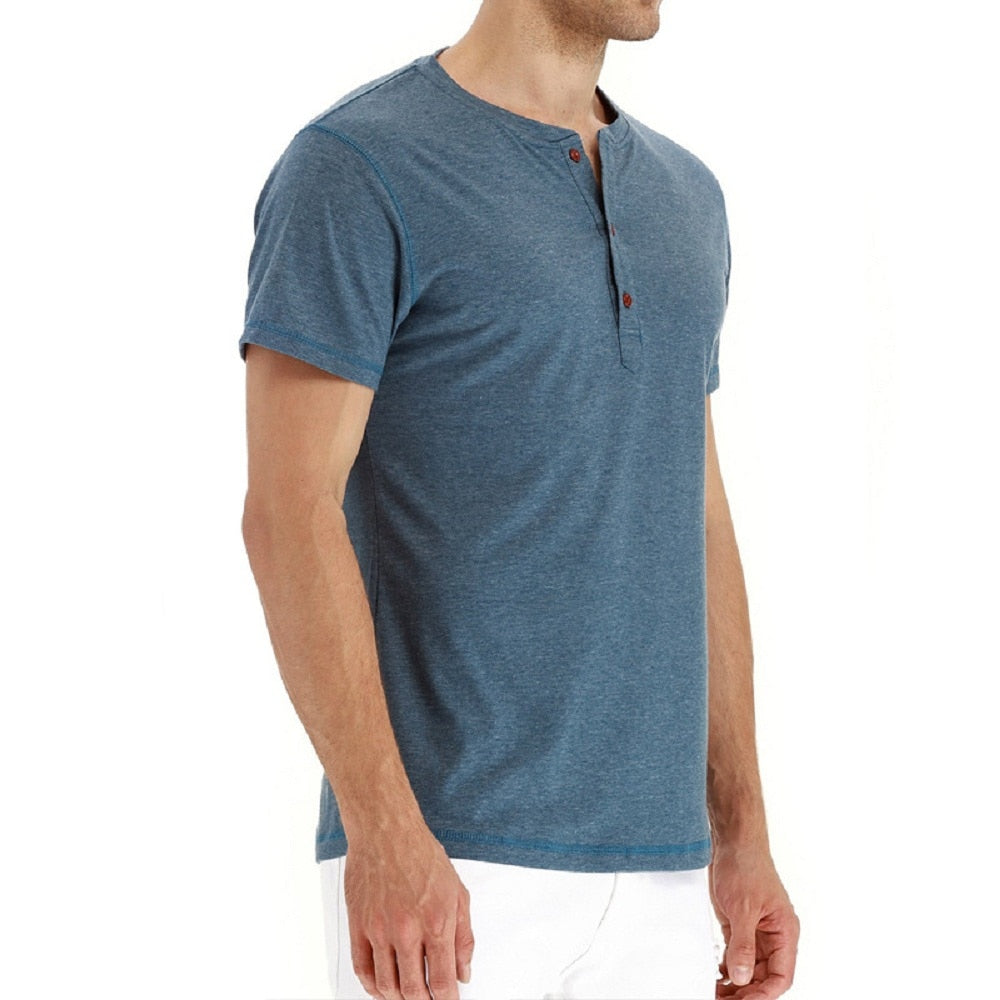 Brand Quality Cotton Men T-shirt Henry Neck Fashion Design Slim Fit Solid T-shirts Male Tops Tees Short Sleeve T Shirt For Men