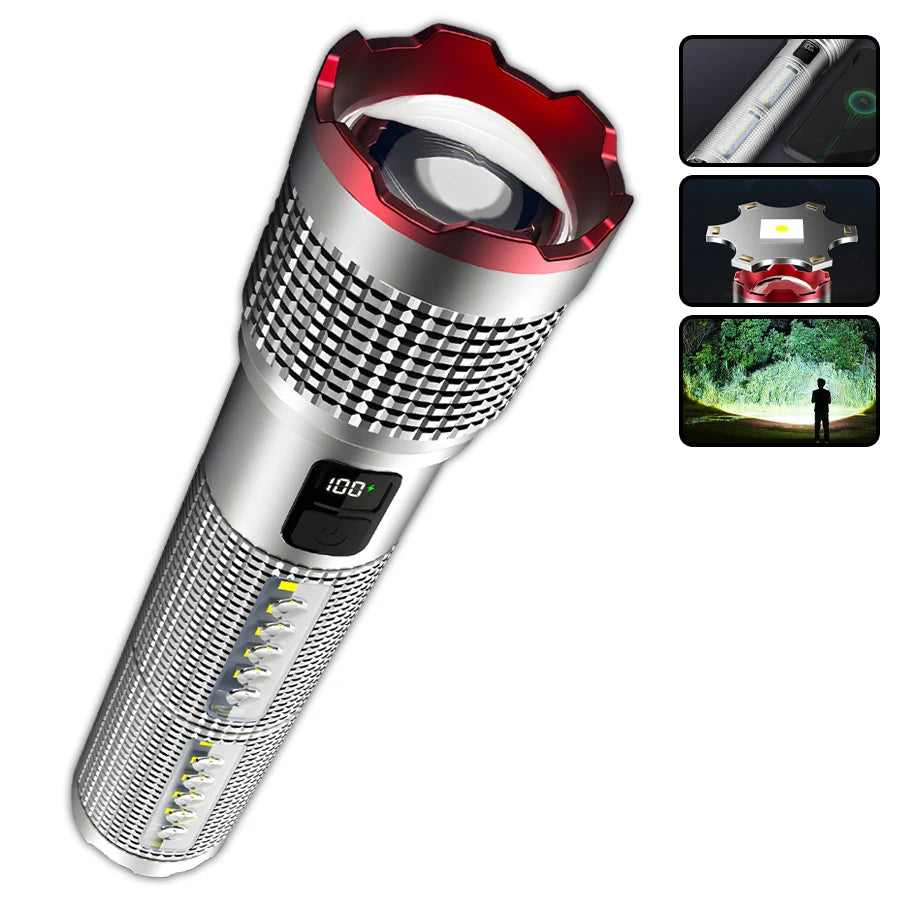 5000 MAH Powerful LED Flashlight Rechargeable Lamp Side Light Waterproof Tactical Lantern Handheld Torch Outdoor Camping Hiking - Jeglowstore