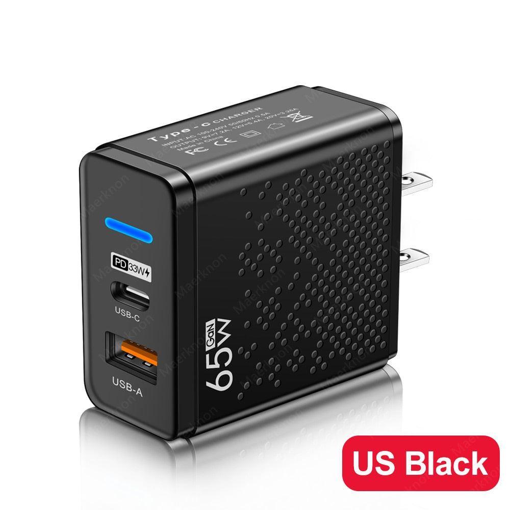GaN 65W USB C Charger PD Type C Fast Charging Wall Adapter For iPhone 14 13 Xiaomi Samsung Macbook Quick Charge3.0 Phone Charger