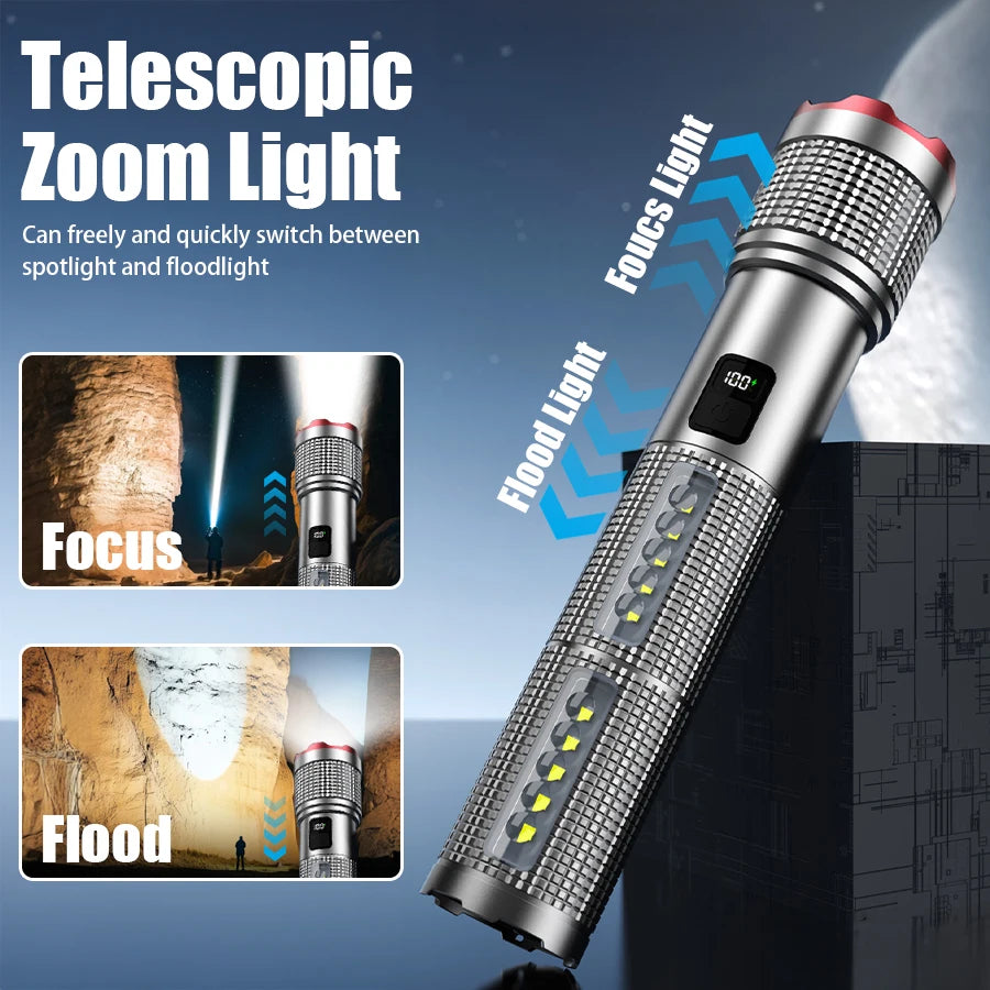 5000 MAH Powerful LED Flashlight Rechargeable Lamp Side Light Waterproof Tactical Lantern Handheld Torch Outdoor Camping Hiking - Jeglowstore