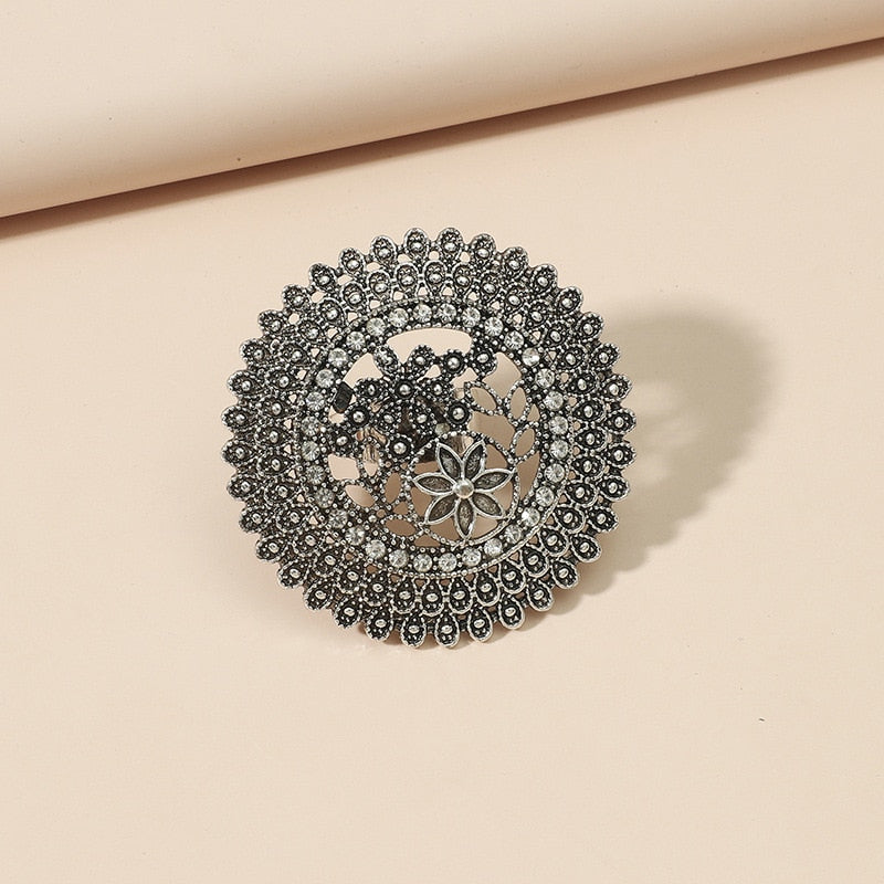 Engraved Flower Pattern Retro Party Female Finger Ring Vintage Antique Big Gold Color Women-Midi-Rings Stylish Indian Jewelry