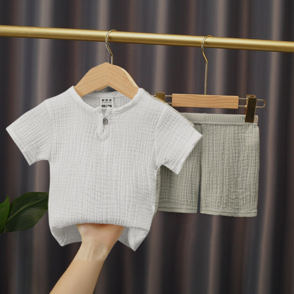 0-5Y Boys Girls Clothing Sets Summer Solid Cotton Linen T-shirts+Elasctic Shorts Kids Clothes Casual Clothing Sets for Children