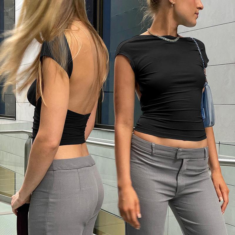Solid Color Y2K Short Sleeve Open Back Women's Versatile Clothing 2022 Skinny Basic Summer Slim Fit Sexy T Shirt Crop Top