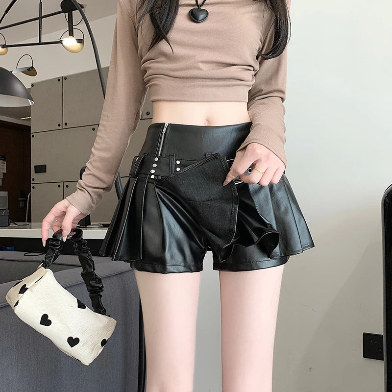 Gothic Pleated Leather Mini Skirt