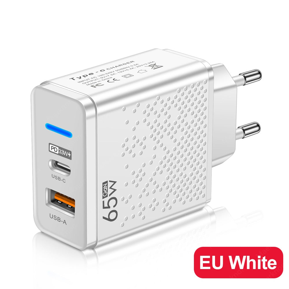 GaN 65W USB C Charger PD Type C Fast Charging Wall Adapter For iPhone 14 13 Xiaomi Samsung Macbook Quick Charge3.0 Phone Charger