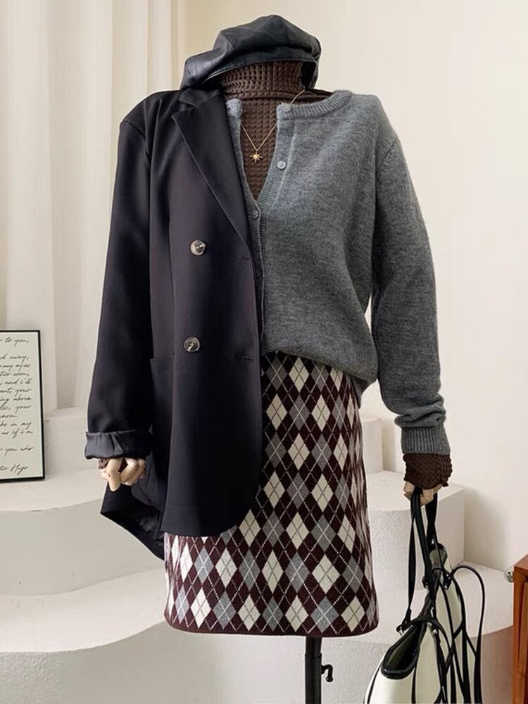 Vintage Rhombus Plaid Knitting High Waist Bodycon One Step Sweater Skirt