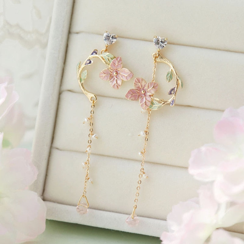 Animal Cat Cherry Blossoms Asymmetrical Earring Party Kitten Jewelry Gifts