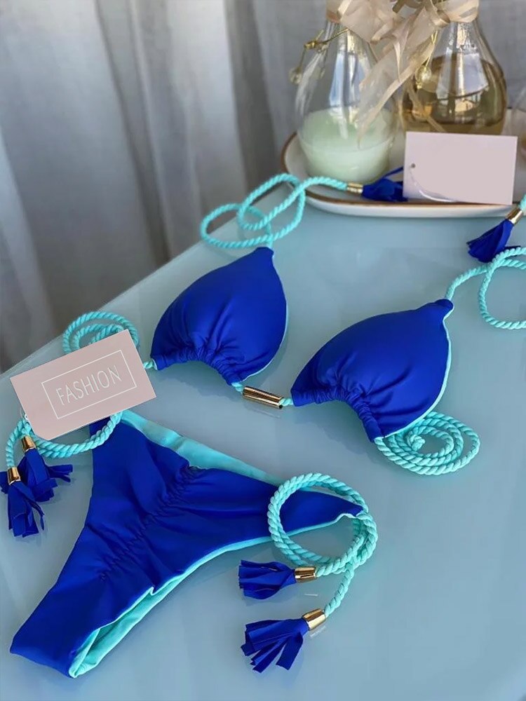 Miyouj Thong Bikini Set 2022 Blue Color Swimsuit Woman Sexy Bathing Suits Two Piece Bikinis Triangle Bandage Female Beachwear