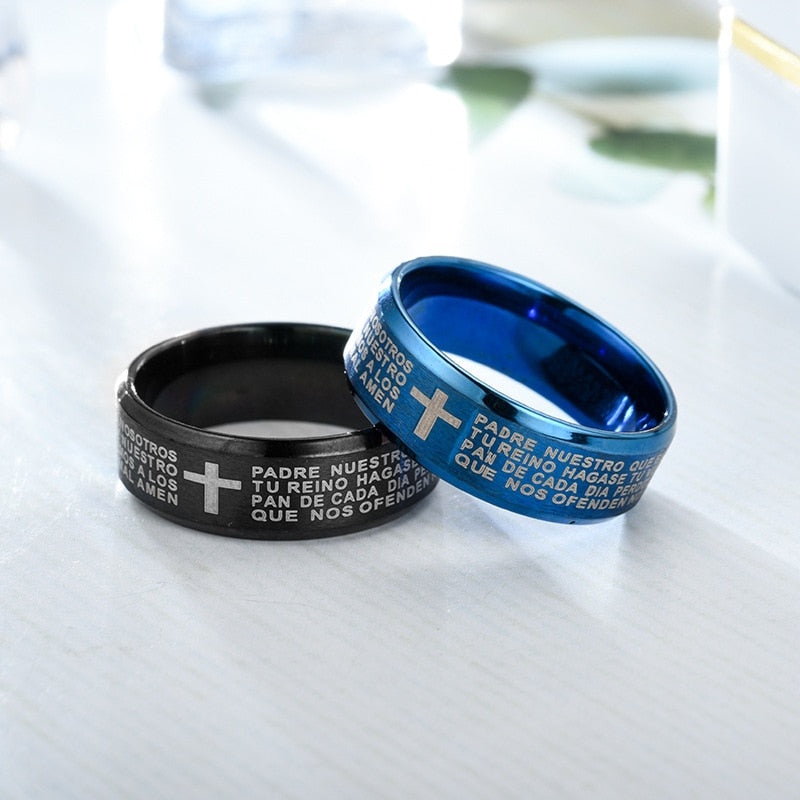 Stainless Steel Black Color Jesus Cross Ring Letter Bible Verse Ring - Jeglowstore