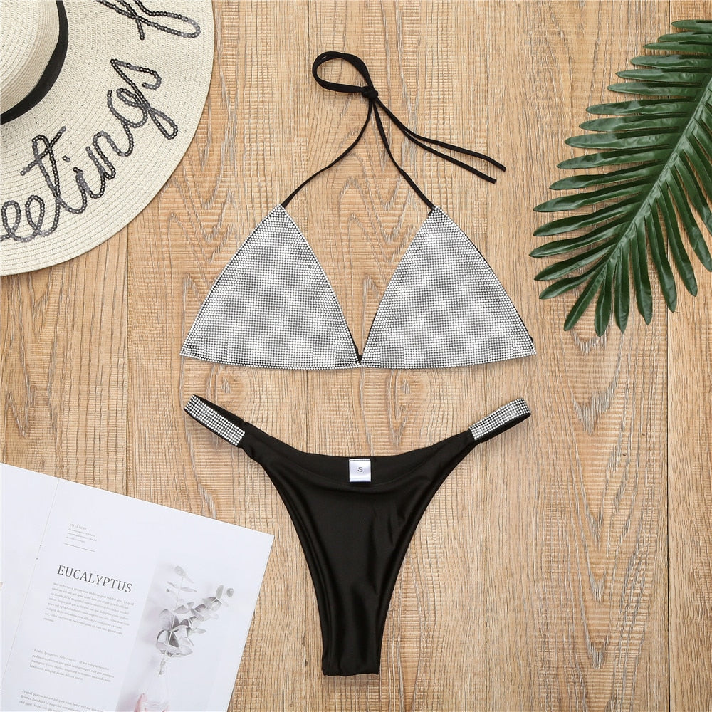 Luxury Bling Rhinestone Sliver Crystal Diamond Push Up Bikini Swimsuit