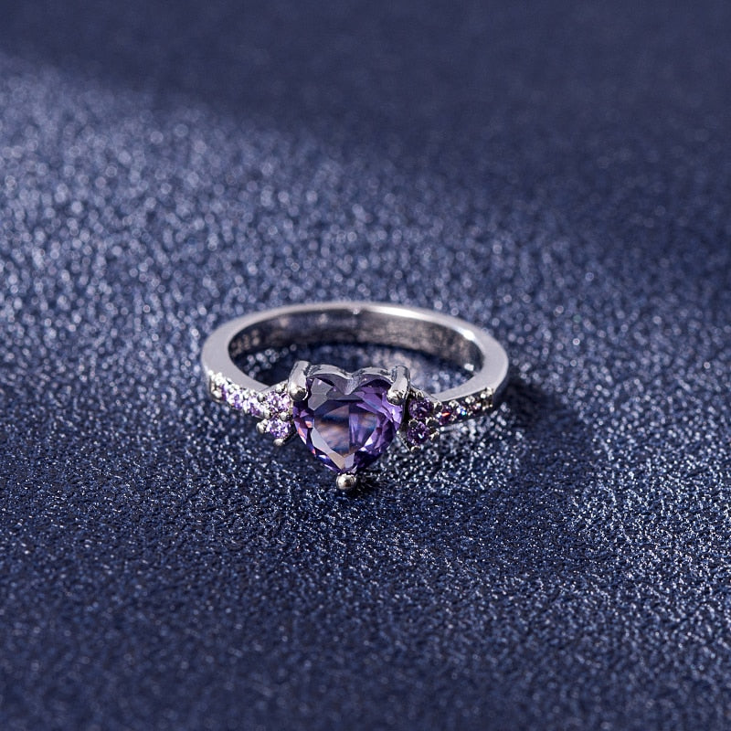 HuiSept 925 Silver Jewelry Heart Shape Amethyst Gemstone Ring